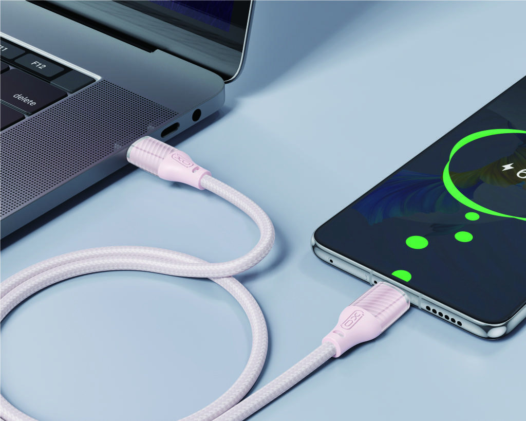 XO NB-Q291B Type-C-Type-C adatkábel (Rózsaszín) - 60W, szőtt bevonat, átlátszó ház