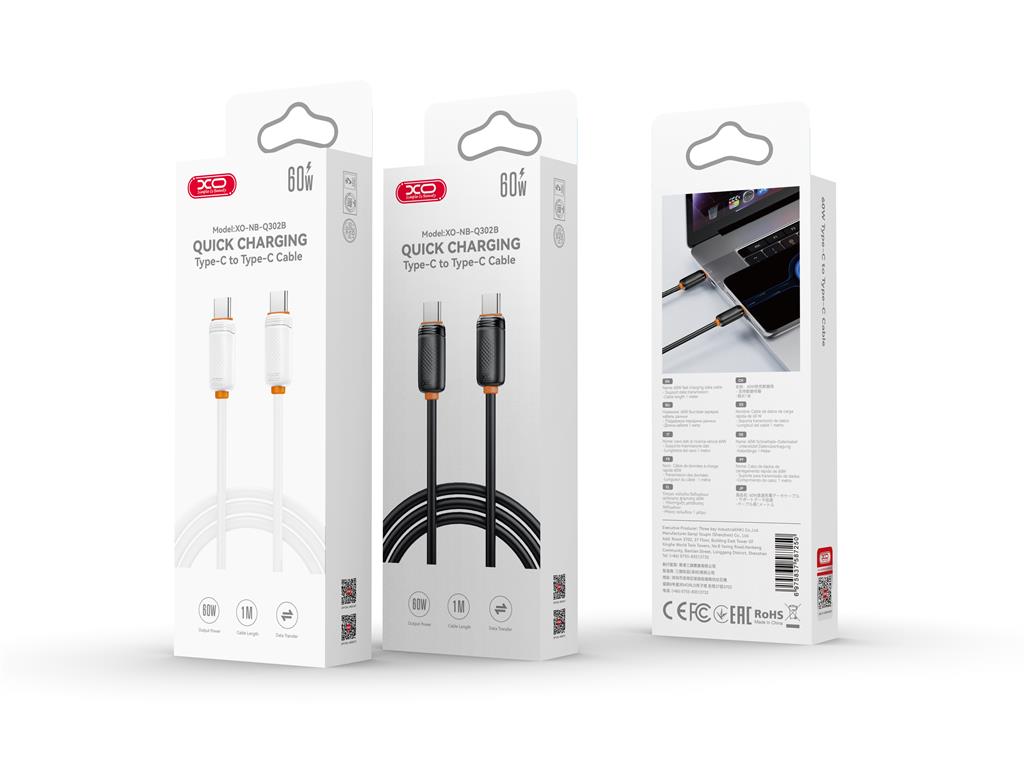 XO NB-Q302B USB-C – USB-C kábel (Fehér) - 1,0 m - 60W