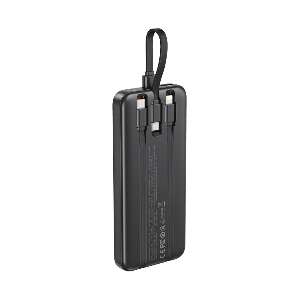 XO PR274 power bank 10000 mAh (Fekete) – digitális kijelző, PD 20W + QC 22.5W, 3 beépített kábel (2× USB-C, 1× Lightning)