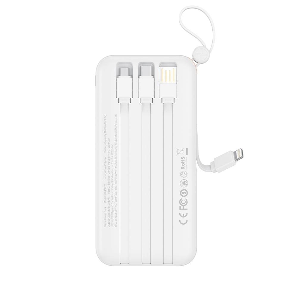 XO PR278 power bank 10000 mAh (Fehér) – digitális kijelző, 4 beépített kábel (USB-A, USB-C, MicroUSB, Lightning)