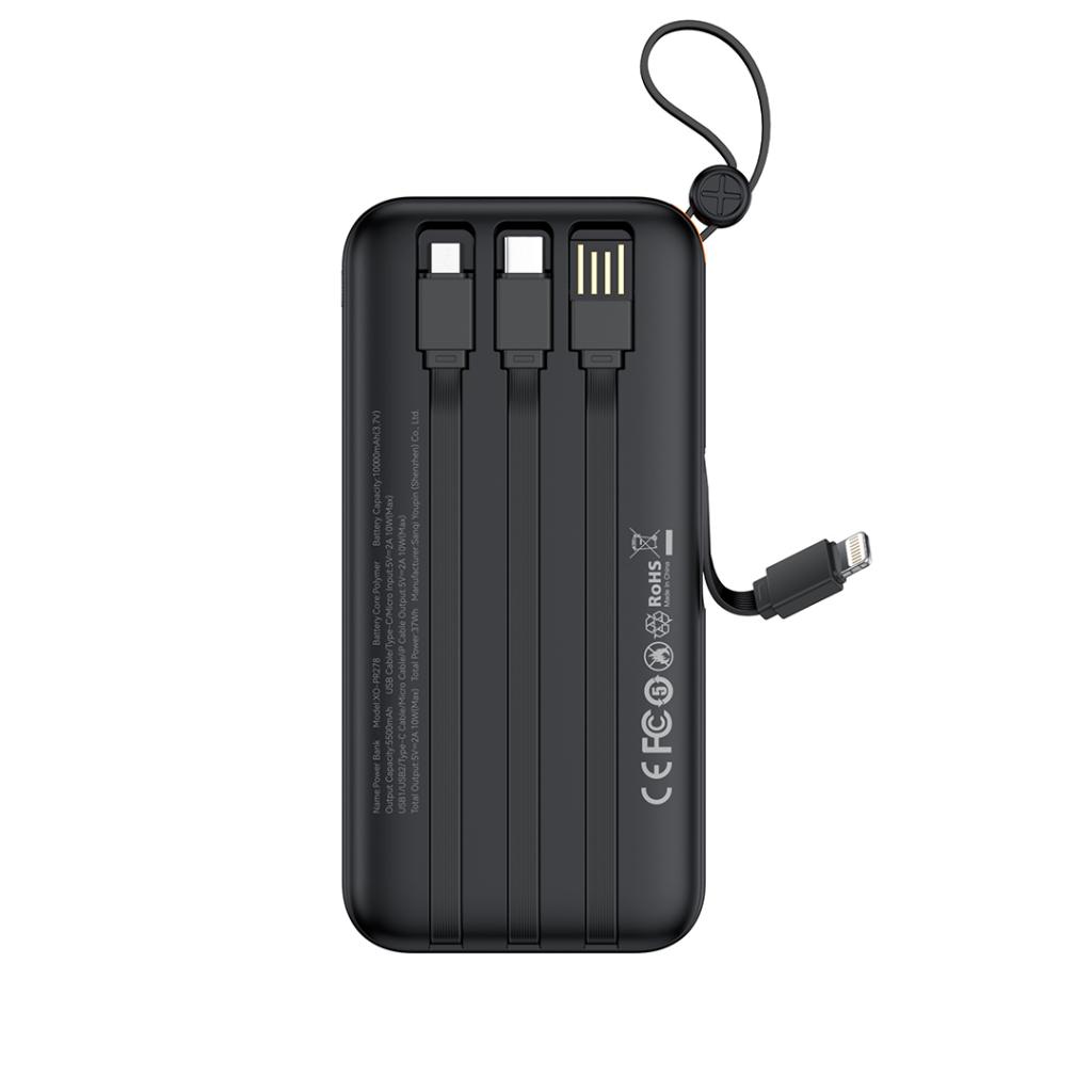 XO PR278 power bank 10000 mAh (Fekete) – digitális kijelző, 4 beépített kábel (USB-A, USB-C, MicroUSB, Lightning)