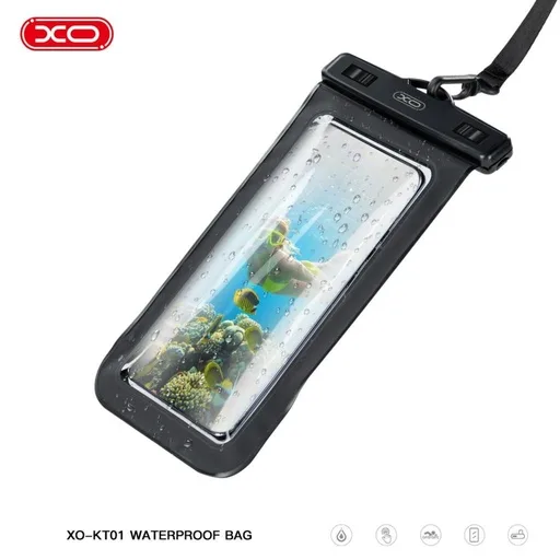 XO KT01 PVC vízálló telefontok nyitható ablakkal és nyakpánttal (Fekete)
