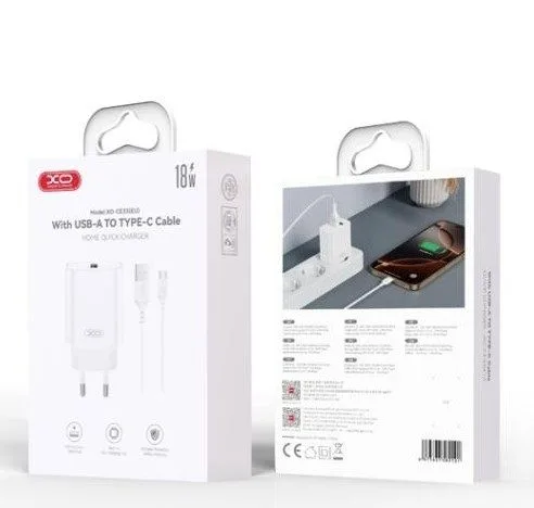 XO CE33(EU) hálózati gyorstöltő + Type-C kábel (Fehér) - 18W, QC3.0, NB103 szett
