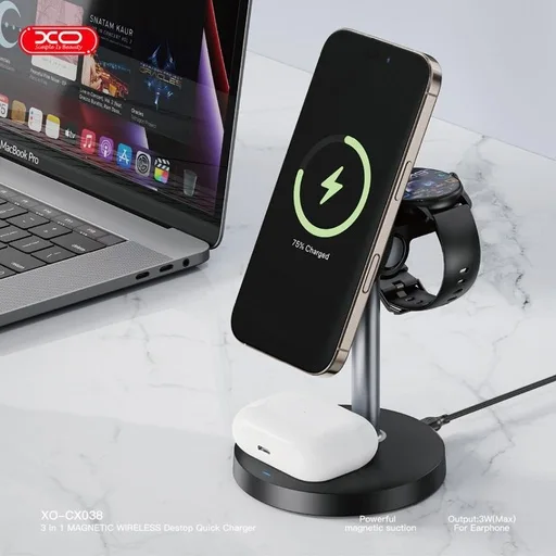 XO CX038 3-in-1 asztali vezeték nélküli töltő (Fekete) - 15W