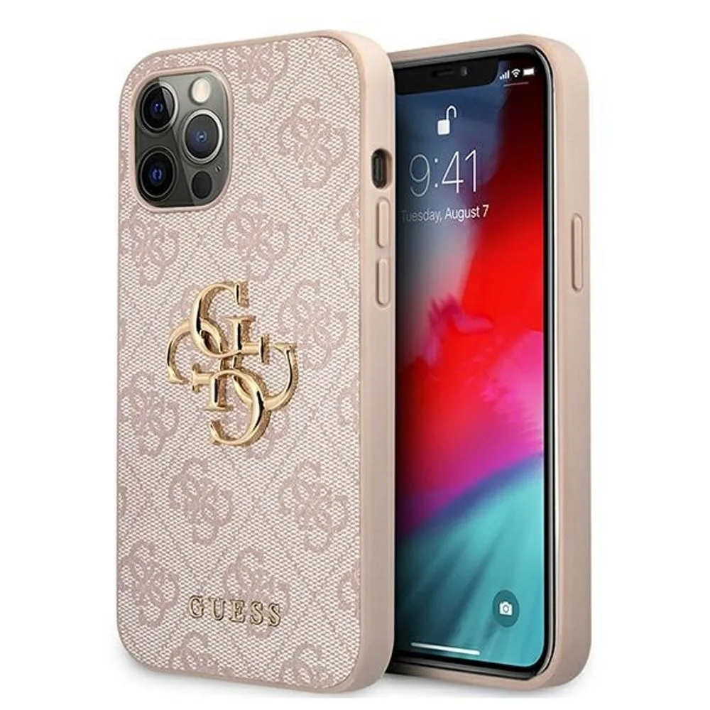 Apple iPhone 12 / iPhone 12 Pro GUESS PU 4G Metal Logo hátlap tok (Rózsaszín - GUHCP12M4GMGPI)