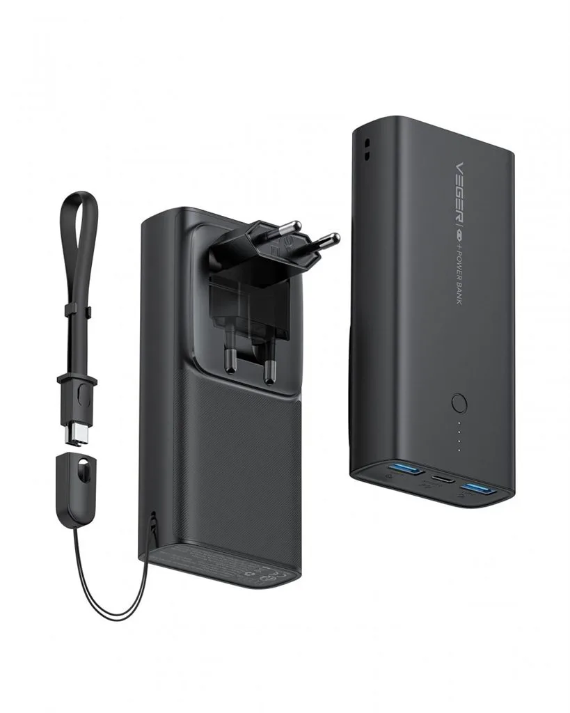 VEGER ACE100 power bank és fali töltő egybe - 10000mAH - led töltésjelző, pd 20w töltési teljesítmény fekete