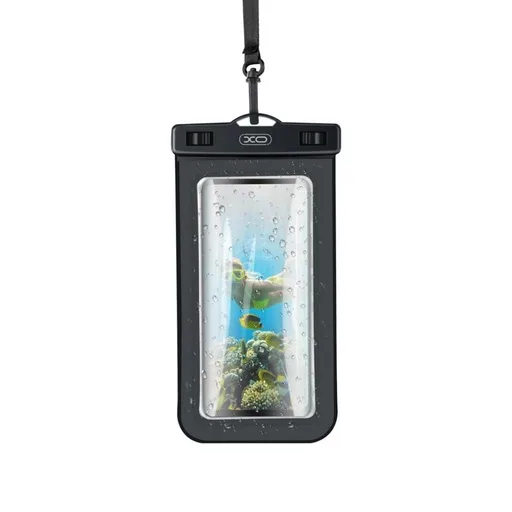 XO KT01 PVC vízálló telefontok nyitható ablakkal és nyakpánttal (Fekete)