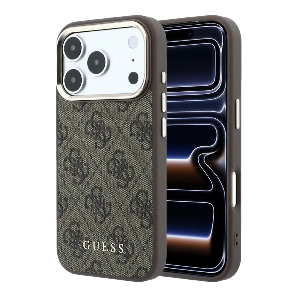 Apple iPhone 18 Pro Guess Leather 4G Gold Frame MagSafe bőr védőtok (Barna) (GUHMP18LG4GFCW)