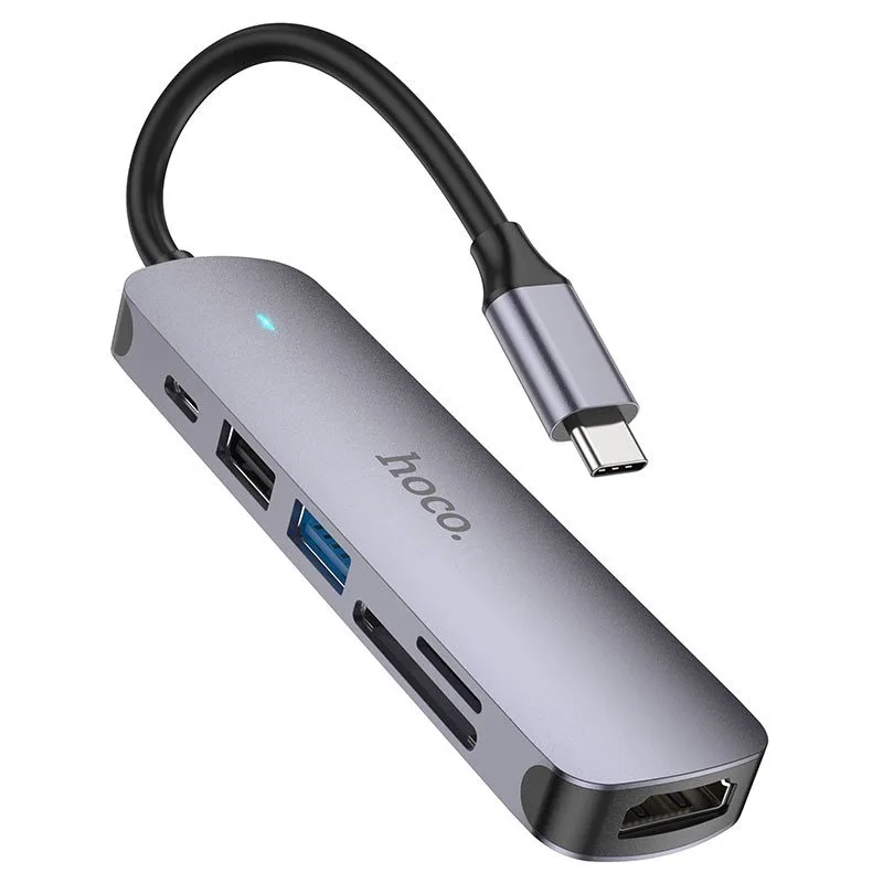 [6931474769336] Hoco HB28 HUB aluminium Type-C hub, HDMI + Type-C PD + USB3.0 + USB2.0 + SD + TF, 4K 30Hz támogatás, up to 60W (20V / 3A) charging,