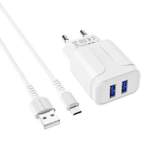 Borofone BA37A hálózati töltő (2 USB port), lightning kábel, 5V 2,4A, fehér
