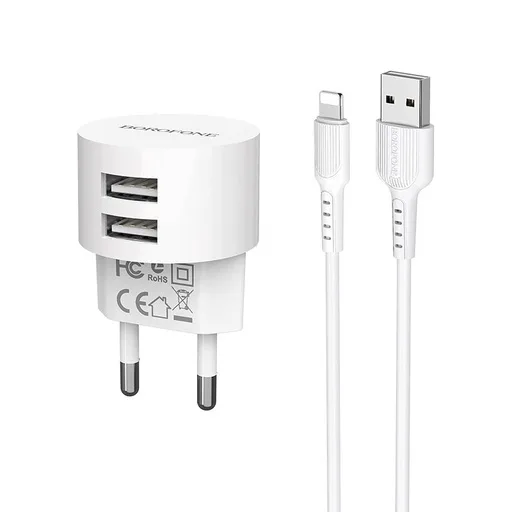 Borofone BA23A hálózati töltő (2 USB port), lightning kábel, 5V 2,4A, fehér