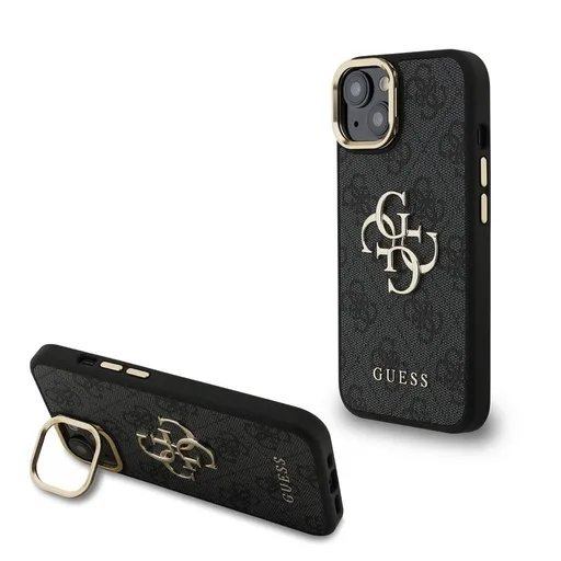 Apple iPhone 15 Guess PU 4G Metal Logo Stand Camera Frame tok (Fekete) - GUHCP15SPCS4GP4K