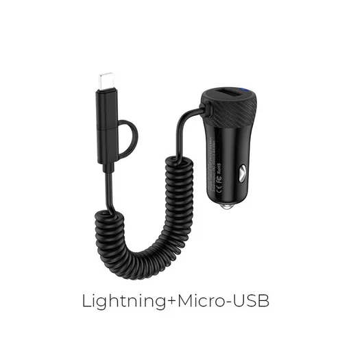 Hoco Z21A Ascender single-port car charger with cable(Apple + Micro) Black