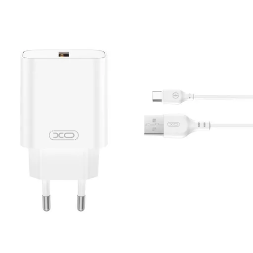XO CE33(EU) hálózati gyorstöltő + Type-C kábel (Fehér) - 18W, QC3.0, NB103 szett
