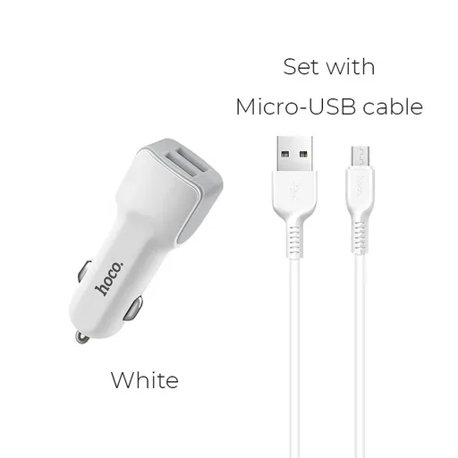 Hoco Z23 autós töltő (2 USB port, microUSB kábel), 5V 2,4A, fehér