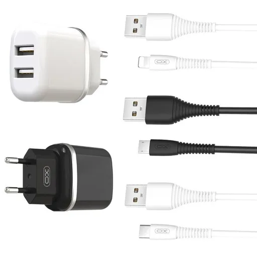 XO L69 2.4A töltő (Fekete) – dupla USB csatlakozó, Lightning kábellel