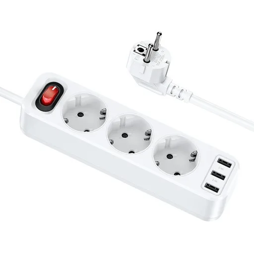 Hoco NS2 nagy teljesítményű hosszabbító aljzat, 3 aljzat + 3 * USB 5V / 2.4A kimenet fehér