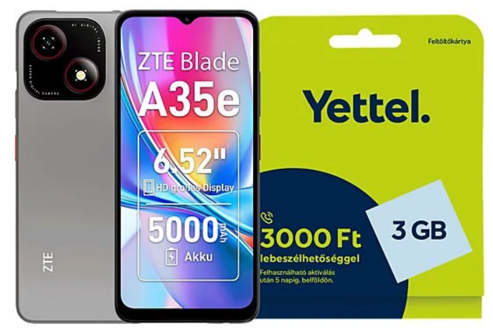 ZTE Blade A35e DS 4/64GB (Black) + Yettel feltöltőkártya 3000 Ft/3 GB