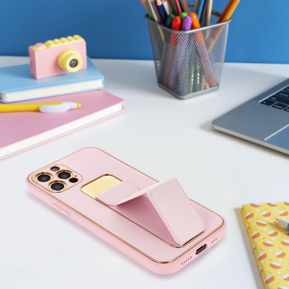 Apple iPhone 12 Pro Max bőr védőtok kihúzható állvánnyal, mágneses autós tartó kompatibilis , (Rózsaszín)