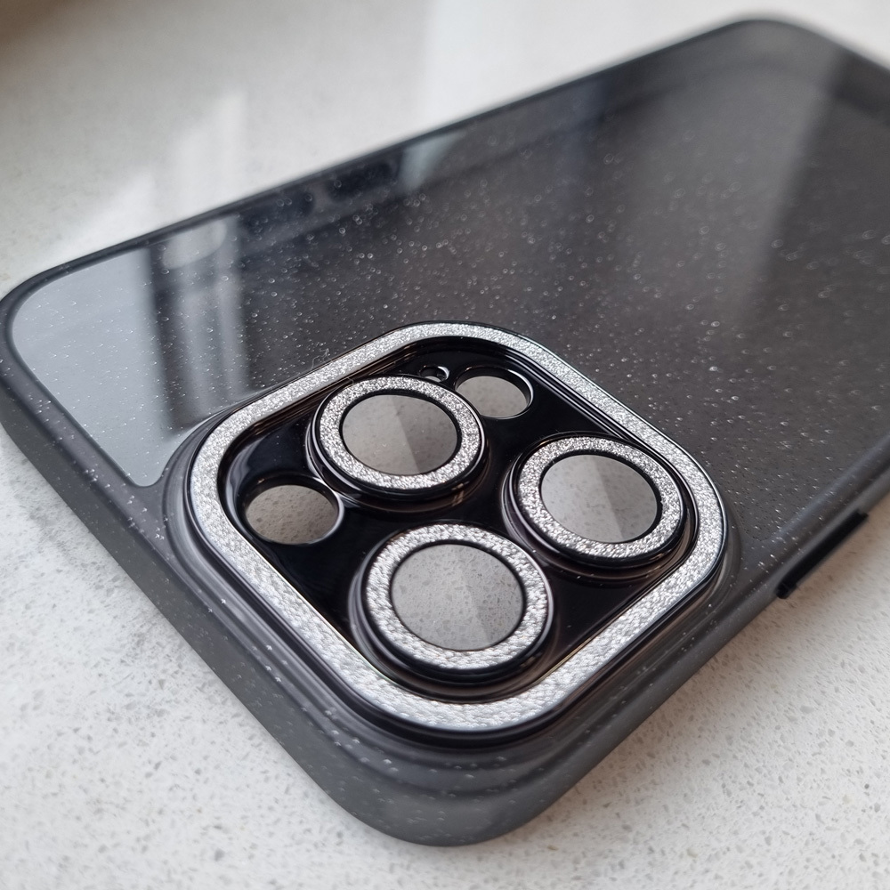 Apple iPhone 12 Pro Max liquid glitter camera hátlap tok (Fekete)