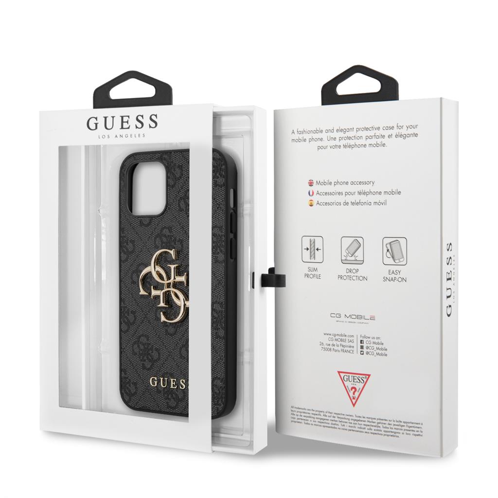 Apple iPhone 12 / iPhone 12 Pro GUESS PU 4G Metal Logo hátlap tok (Szürke - GUHCP12M4GMGGR)