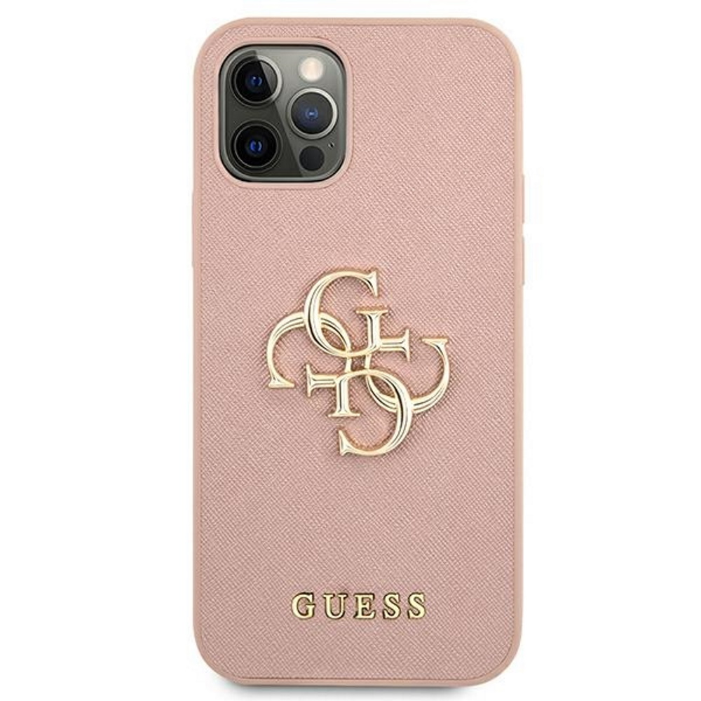 Apple iPhone 12 / iPhone 12 Pro GUESS PU Saffiano Big 4G Metal Logo hátlap tok (Rózsaszín - GUHCP12MSA4GGPI)