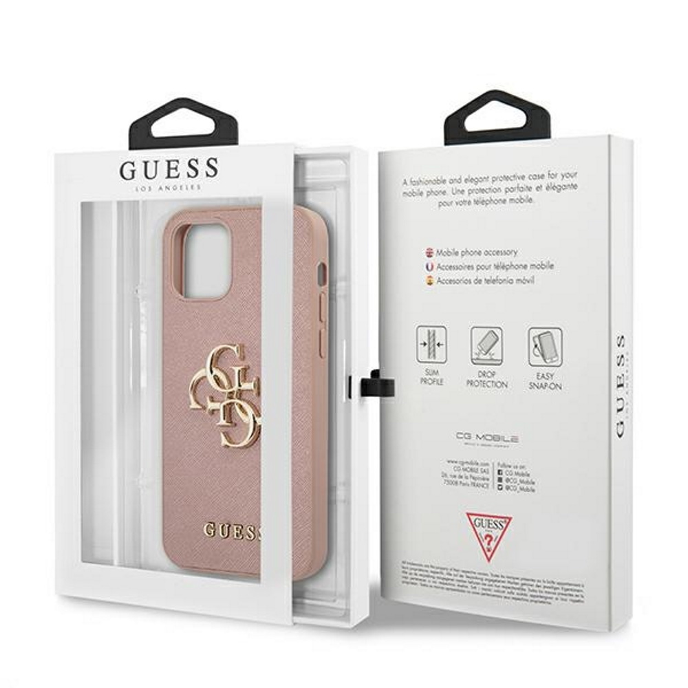 Apple iPhone 12 / iPhone 12 Pro GUESS PU Saffiano Big 4G Metal Logo hátlap tok (Rózsaszín - GUHCP12MSA4GGPI)