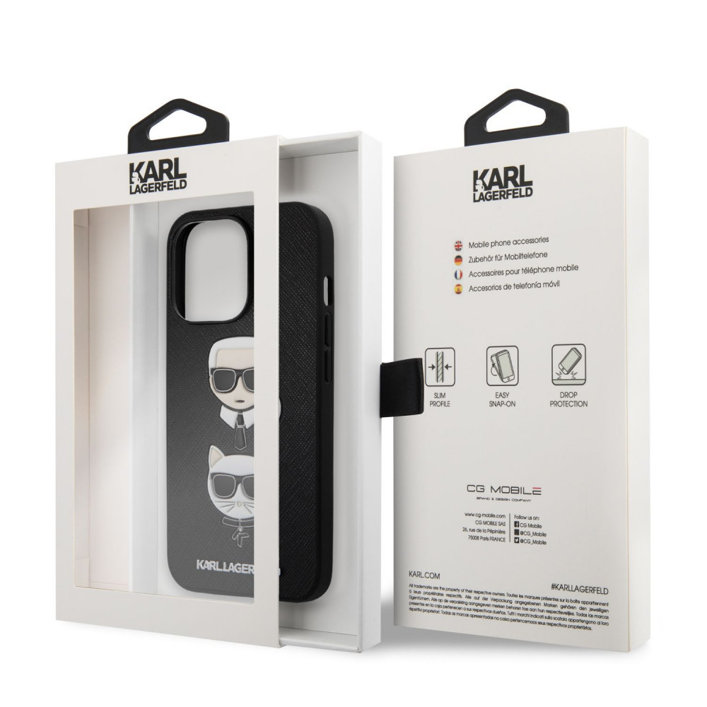 Apple iPhone 13 Karl Lagerfeld PU Saffiano Karl and Choupette Heads tok (Fekete) – KLHCP13MSAKICKCBK