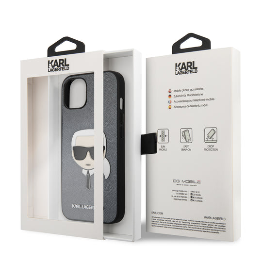 Apple iPhone 13 Karl Lagerfeld PU Saffiano Karl Head tok (Ezüst) – KLHCP13MSAKHSL