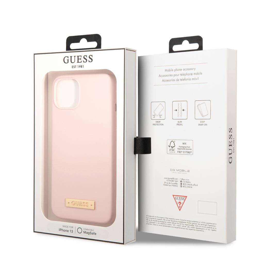 Apple iPhone 13 Guess szilikon MagSafe tok fém logóval (Rózsaszín) - GUHMP13MSBPLP
