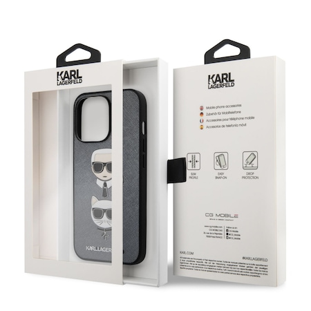 Apple iPhone 13 mini Karl Lagerfeld PU Saffiano Karl and Choupette Heads tok (Ezüst) – KLHCP13SSAKICKCSL