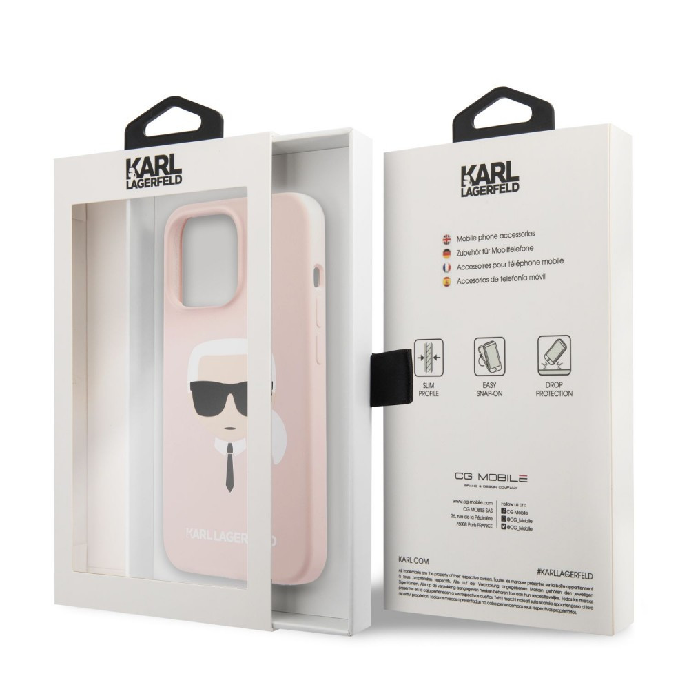 Apple iPhone 13 Pro Karl Lagerfeld Liquid Silicone Karl Head tok (Világos rózsaszín) – KLHCP13LSLKHP