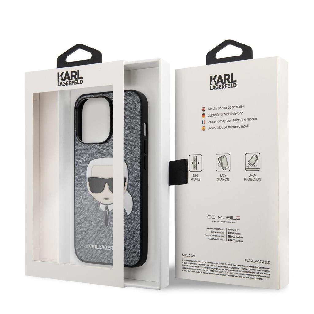 Apple iPhone 13 Pro Karl Lagerfeld PU Saffiano Karl Head tok (Ezüst - KLHCP13LSAKHSL)