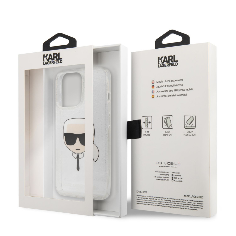 Apple iPhone 13 Pro Max Karl Lagerfeld TPU Full Glitter Karl Head tok (Ezüst - KLHCP13XKHTUGLS)