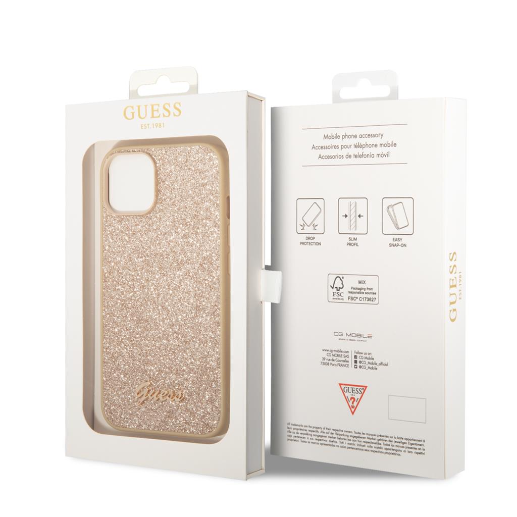 Apple iPhone 14 Guess Glitter Flakes Metal Logo tok (Arany) - GUHCP14SHGGSHD
