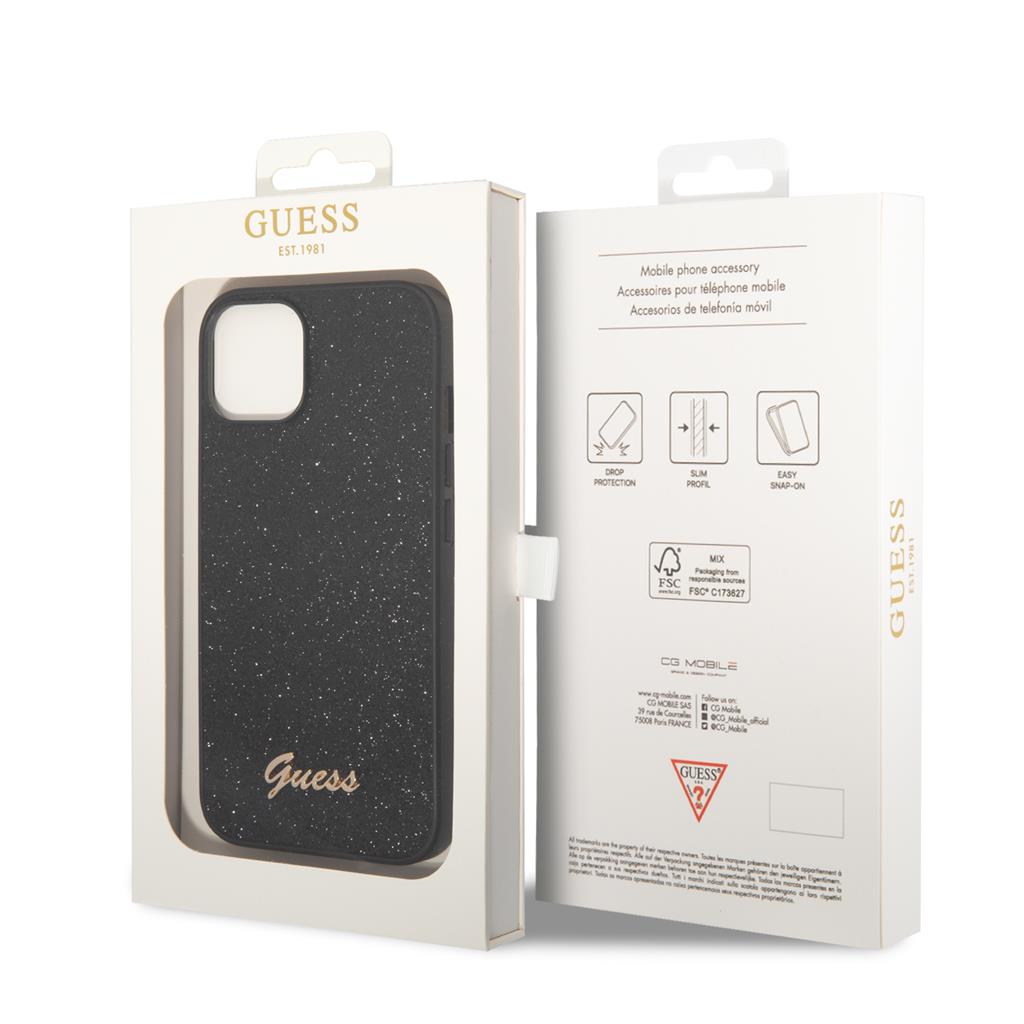 Apple iPhone 14 Guess Glitter Flakes Metal Logo tok (Fekete) - GUHCP14SHGGSHK