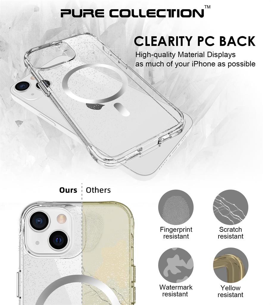 Apple iPhone 14 / iPhone 13 TOKO Pure Glitter MagSafe hátlap tok (Ezüst)