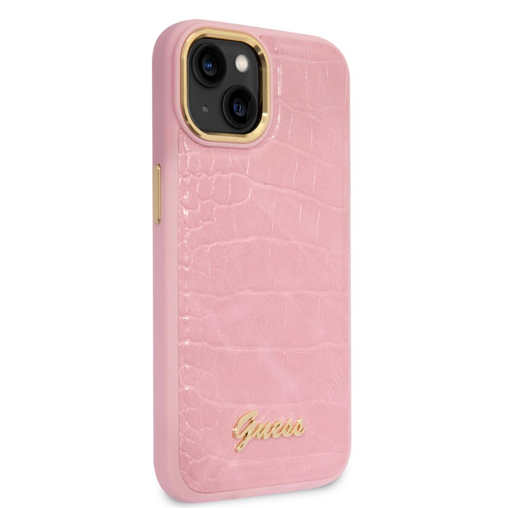 Apple iPhone 14 Plus Guess PU Croco tok fém kamera kerettel (Rózsaszín) - GUHCP14MHGCRHP