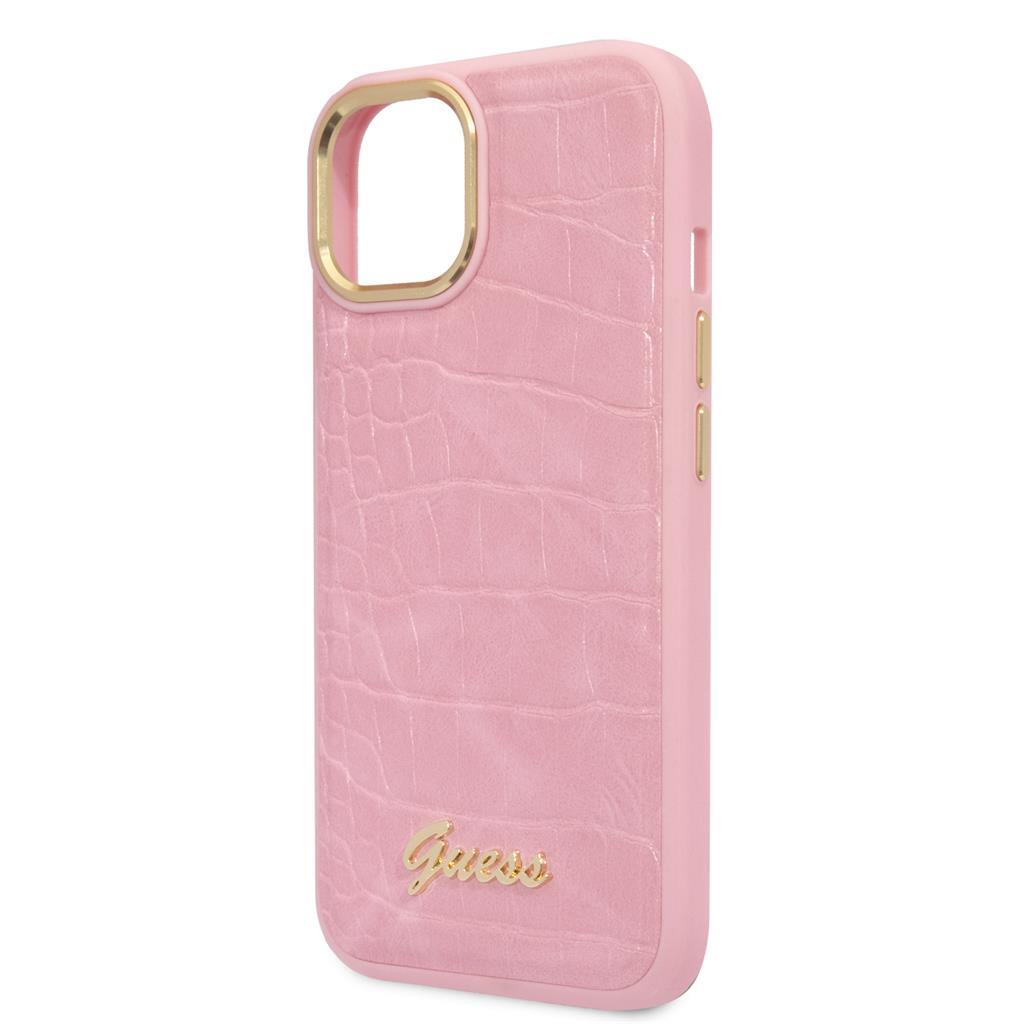 Apple iPhone 14 Plus Guess PU Croco tok fém kamera kerettel (Rózsaszín) - GUHCP14MHGCRHP