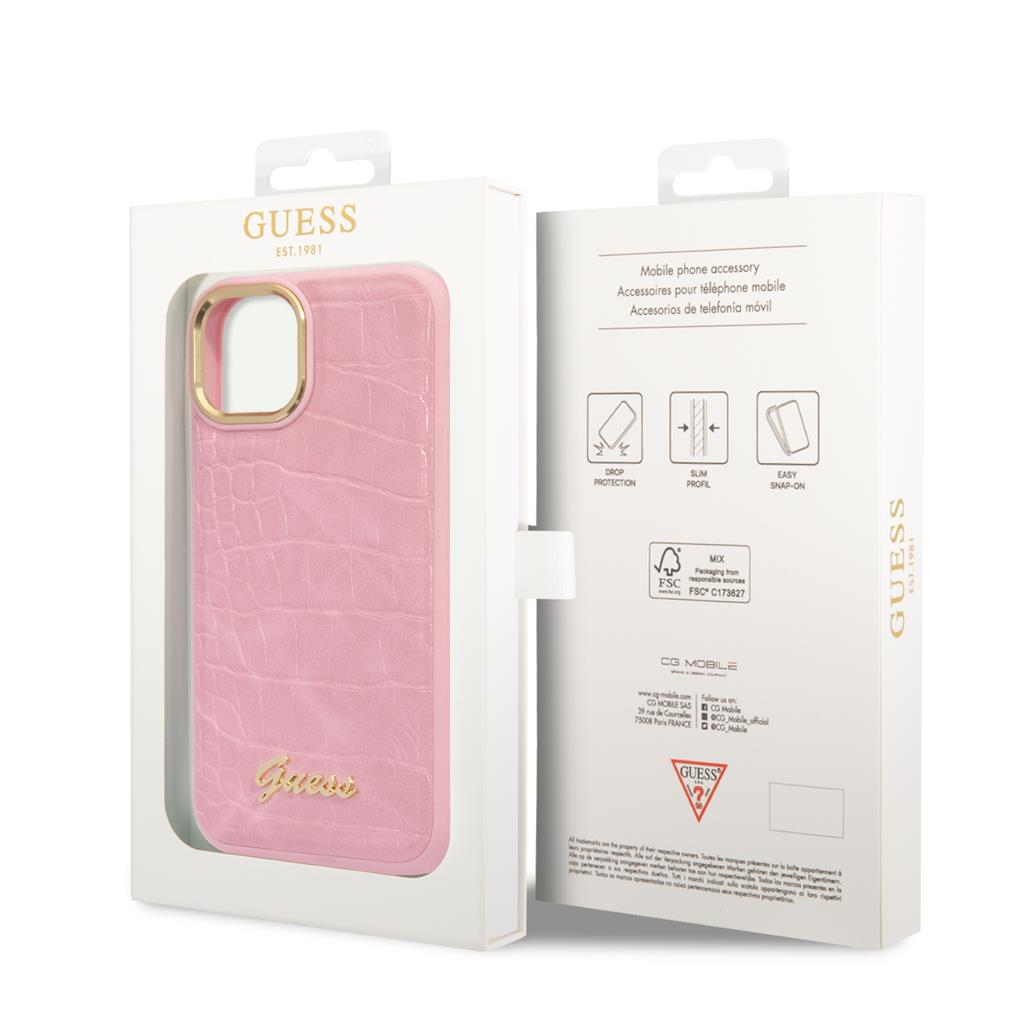 Apple iPhone 14 Plus Guess PU Croco tok fém kamera kerettel (Rózsaszín) - GUHCP14MHGCRHP