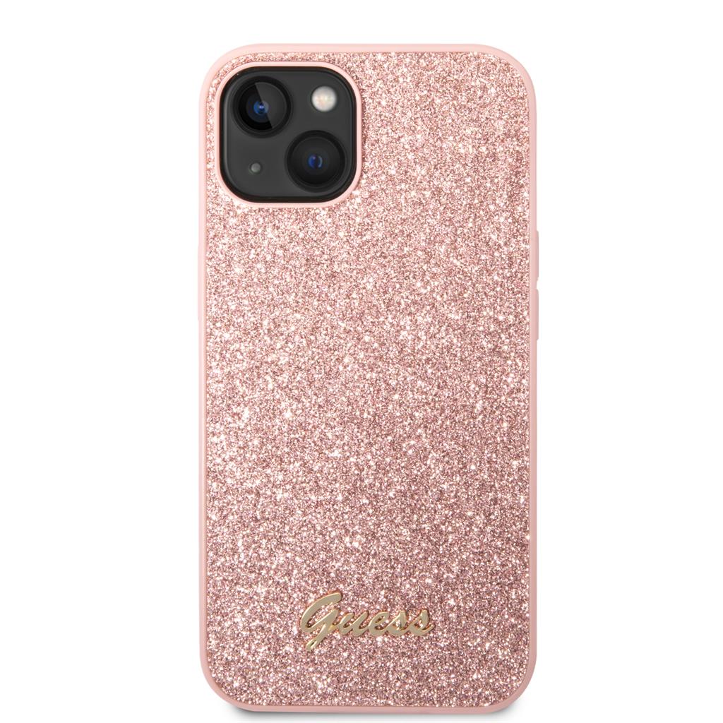 Apple iPhone 14 Plus Guess Glitter Flakes Metal Logo tok (Rózsaszín) - GUHCP14MHGGSHP