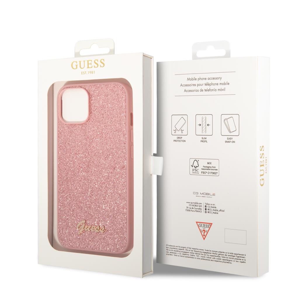 Apple iPhone 14 Plus Guess Glitter Flakes Metal Logo tok (Rózsaszín) - GUHCP14MHGGSHP