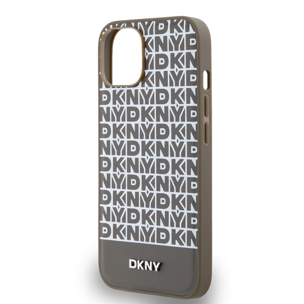 Apple iPhone 15 DKNY PU Leather Repeat Pattern Bottom Stripe MagSafe hátlap tok (Barna - DKHMP15SPSOSPW)