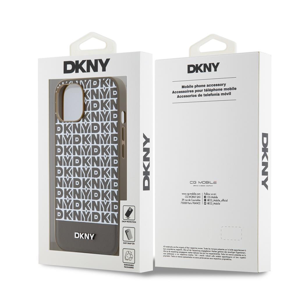 Apple iPhone 15 DKNY PU Leather Repeat Pattern Bottom Stripe MagSafe hátlap tok (Barna - DKHMP15SPSOSPW)