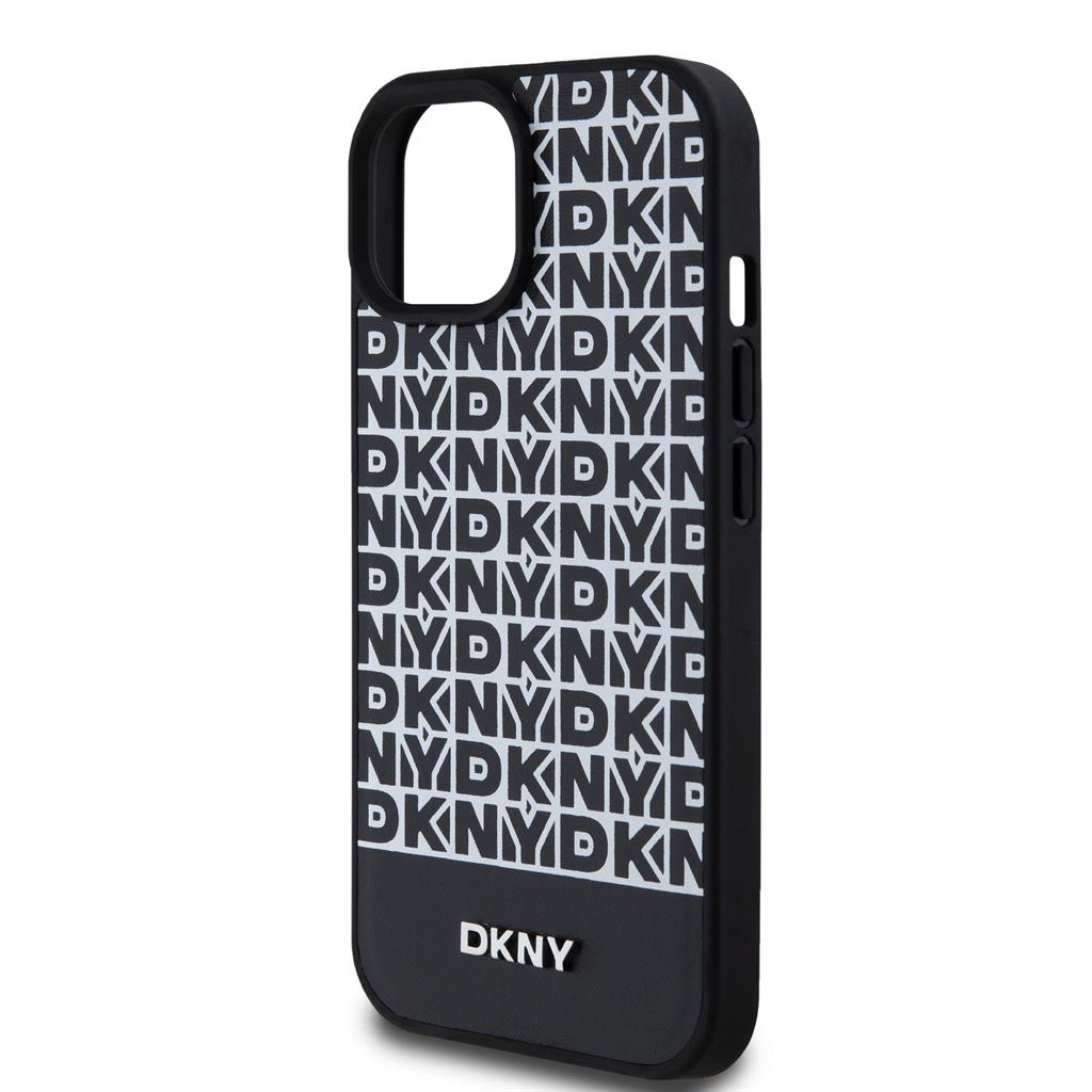 Apple iPhone 15 DKNY PU Leather Repeat Pattern Bottom Stripe MagSafe hátlap tok (Fekete - DKHMP15SPSOSPK)