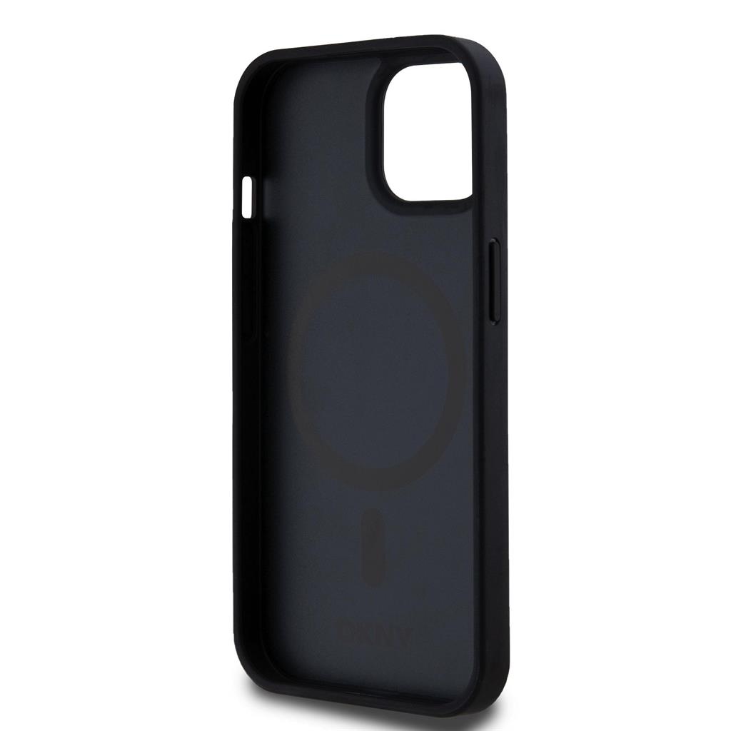 Apple iPhone 15 DKNY PU Leather Repeat Pattern Bottom Stripe MagSafe hátlap tok (Fekete - DKHMP15SPSOSPK)
