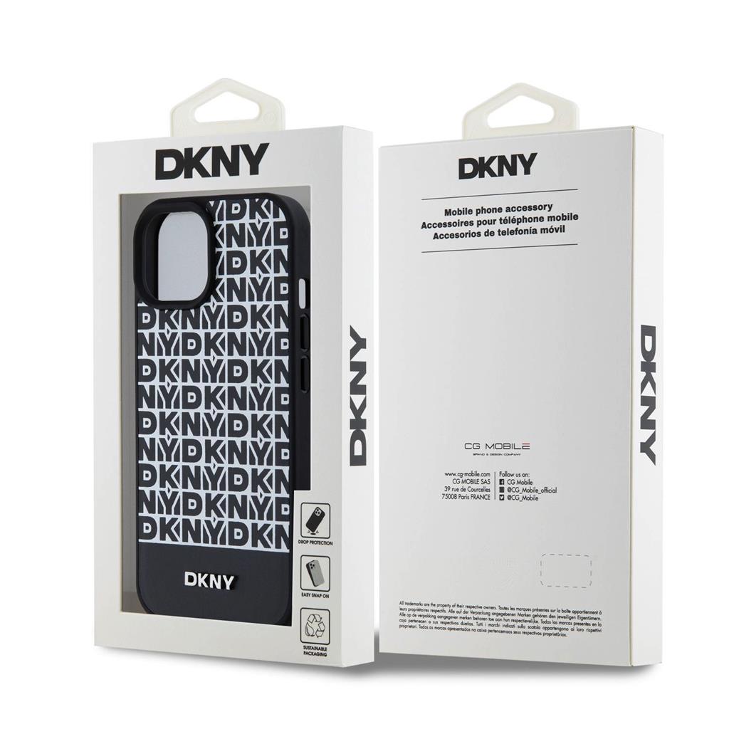 Apple iPhone 15 DKNY PU Leather Repeat Pattern Bottom Stripe MagSafe hátlap tok (Fekete - DKHMP15SPSOSPK)