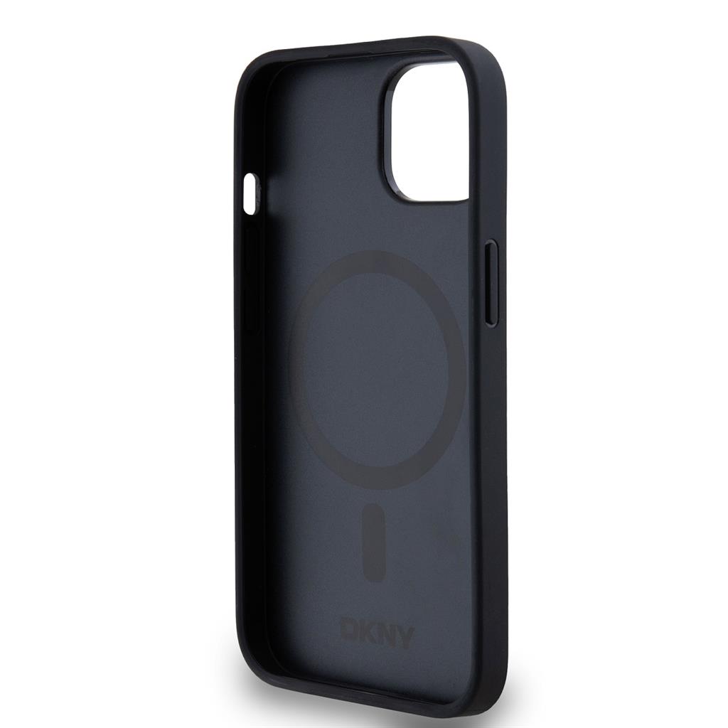 Apple iPhone 15 DKNY PU Leather Repeat Pattern Stack Logo MagSafe hátlap tok (Fekete - DKHMP15SPSHRPSK)