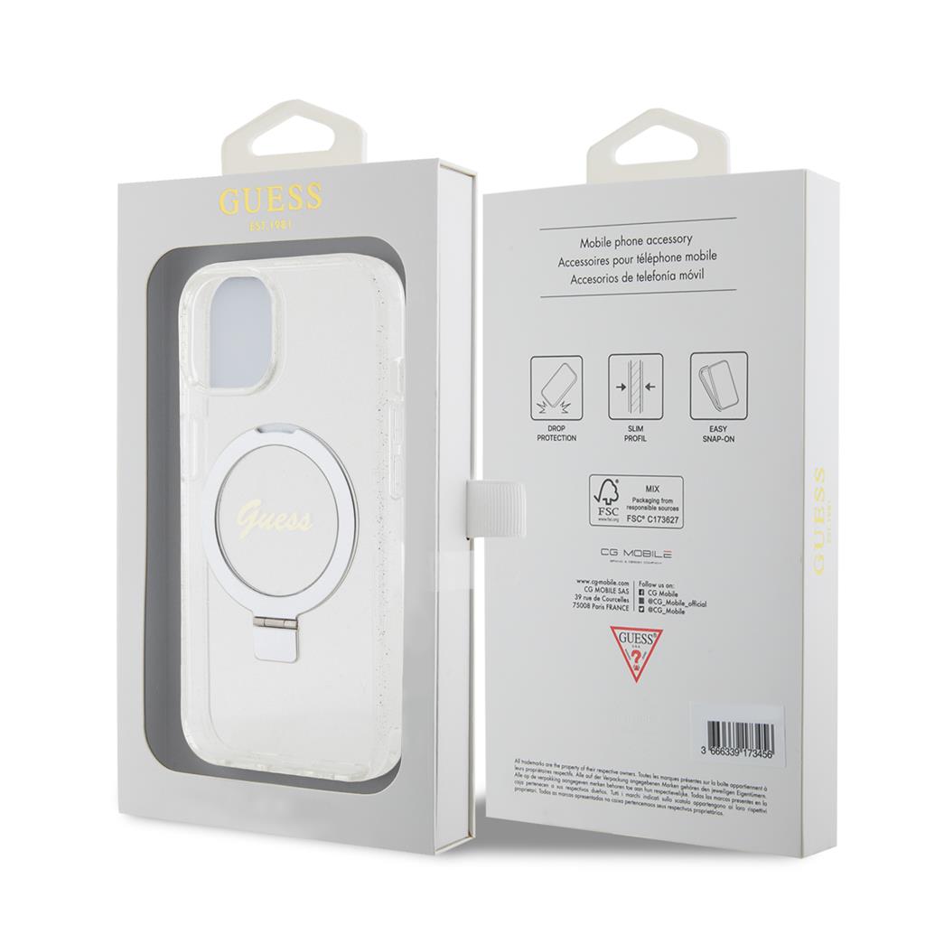 Apple iPhone 15 Guess IML Ring Stand Glitter MagSafe tok (Átlátszó) - GUHMP15SHRSGSD
