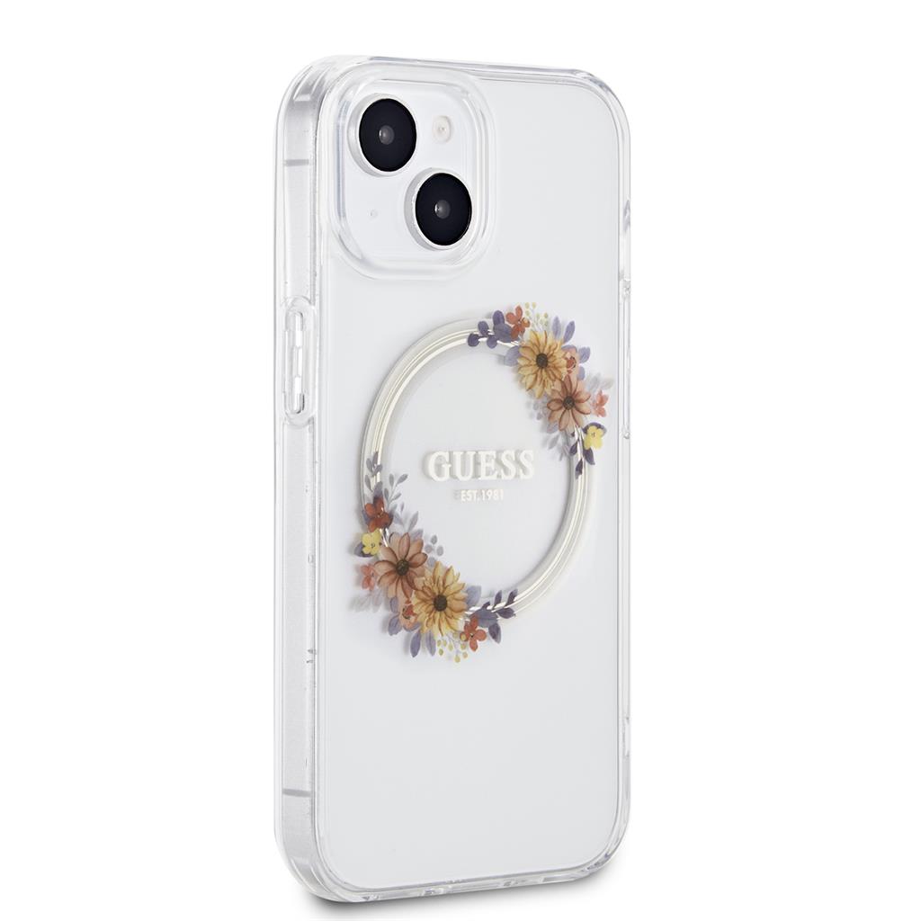Apple iPhone 15 Guess Flowers Ring MagSafe tok (Átlátszó) - GUHMP15SHFWFCT